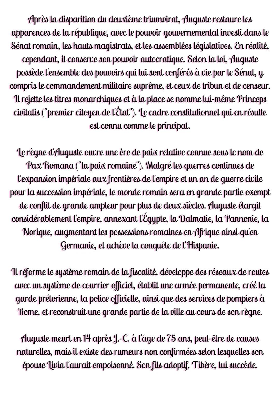 # Auguste
Auguste est le fondateur de l'Empire romain et son premier empereur. Il fut
au pouvoir de 27 avant J.-C. jusqu'à sa mort en 14 de
