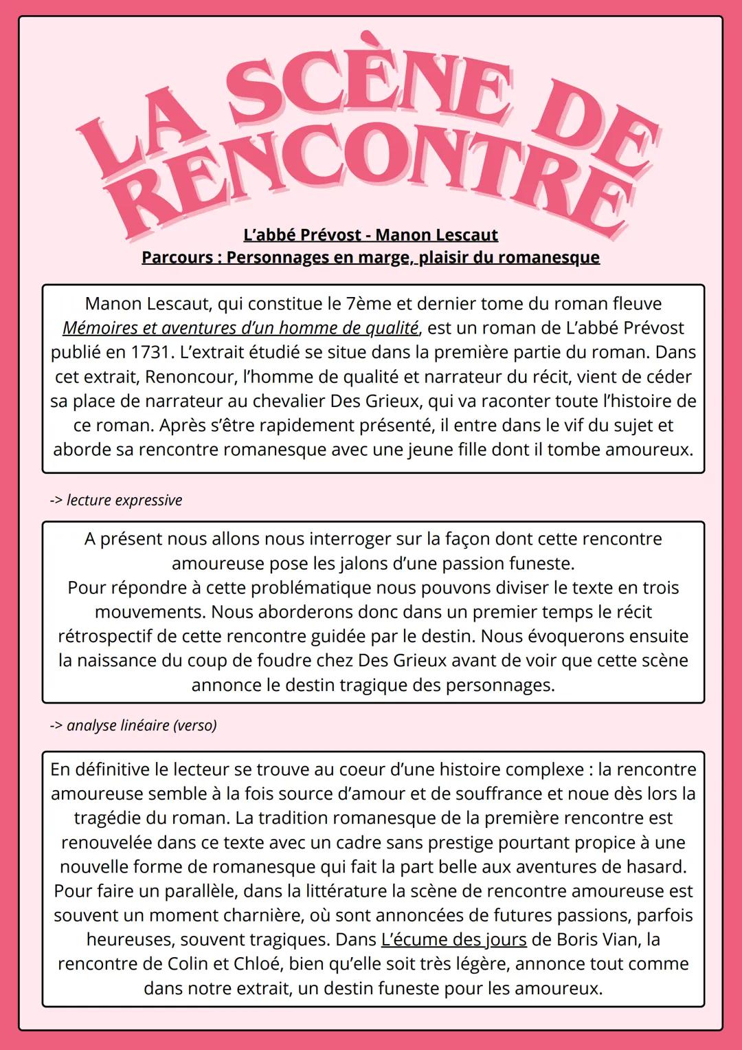 analyse linéaire - La scène de rencontre - Manon Lescaut