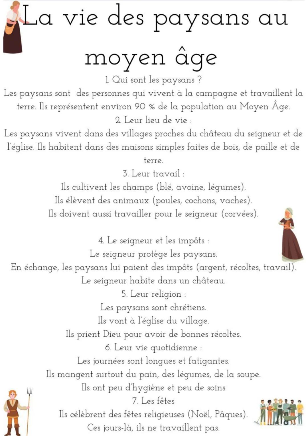 # La vie des paysans au
moyen âge
1. Qui sont les paysans?
Les paysans sont des personnes qui vivent à la campagne et travaillent la
terr