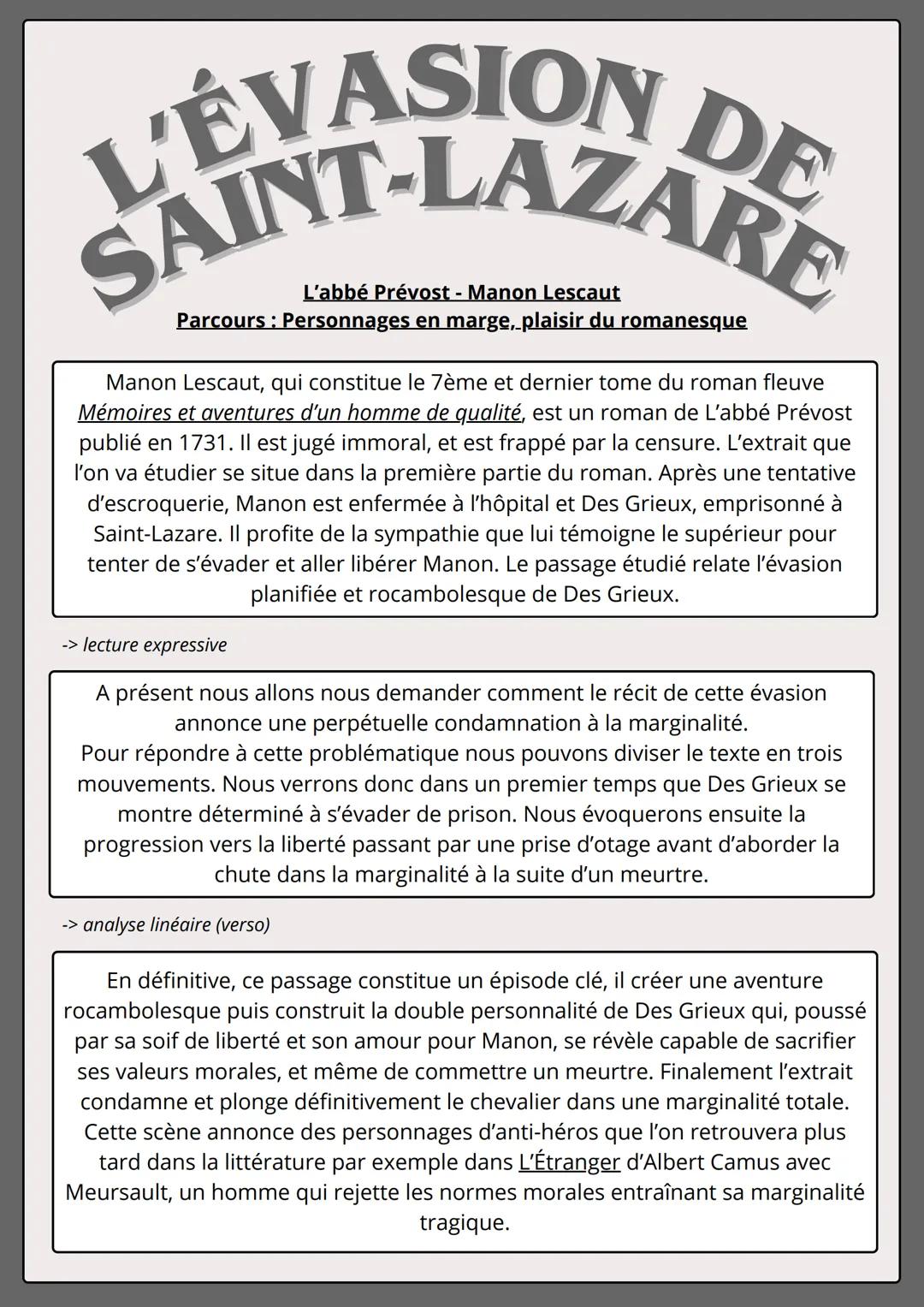 analyse linéaire - l’évasion de Saint-Lazare - Manon Lescaut