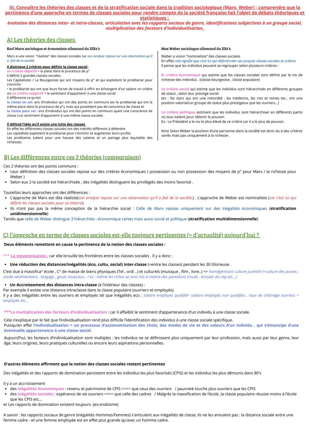 --- OCR Start ---
III. Connaître les théories des classes et de la stratification sociale dans la tradition sociologique (Marx, Weber); comp