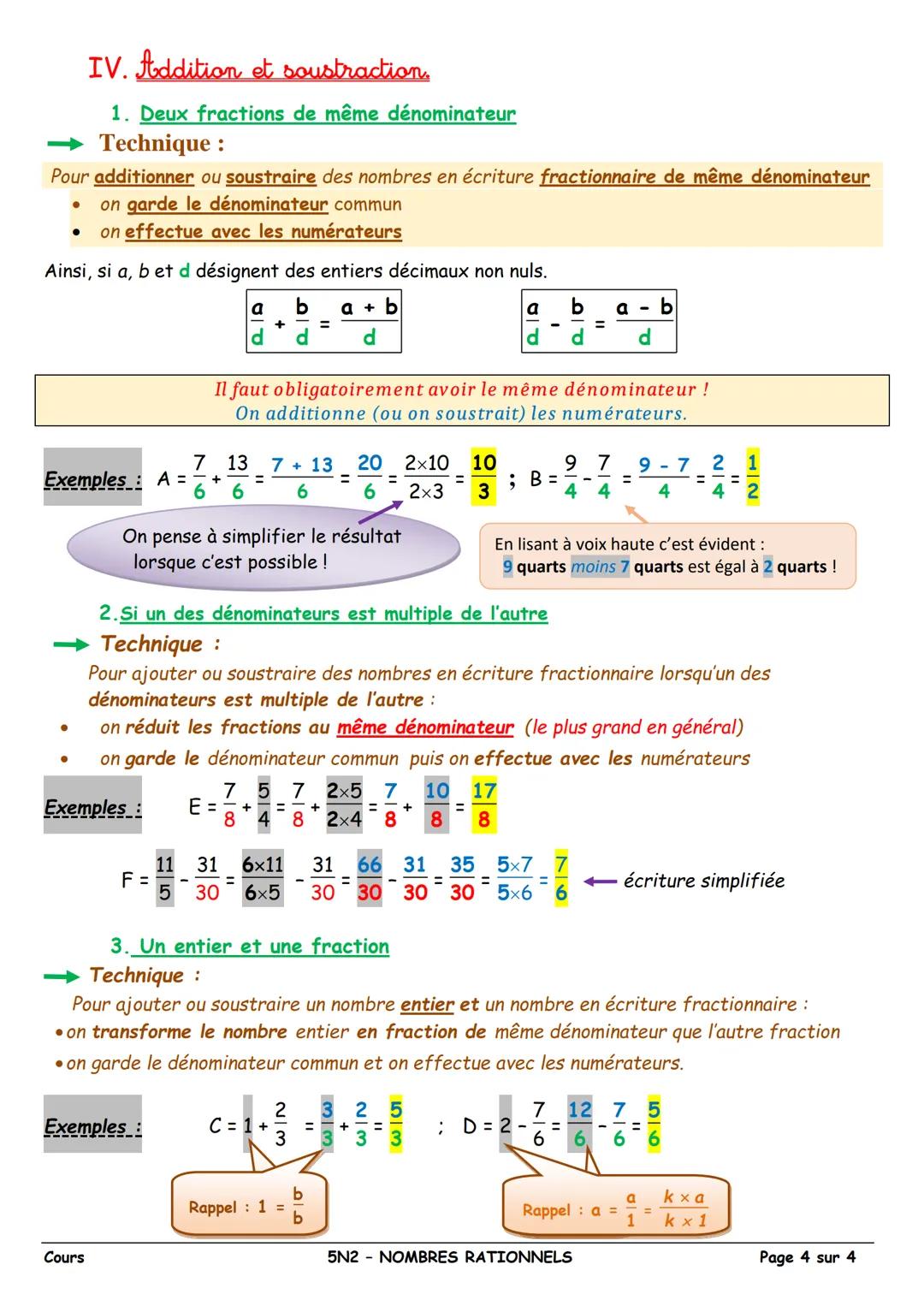 III. Comparaison:
1. Une fraction avec le nombre 1
Pour comparer un nombre rationnel avec le nombre 1, il suffit de comparer le numérateur
e