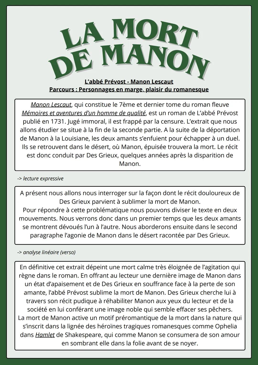 analyse linéaire - La mort de Manon - Manon Lescaut