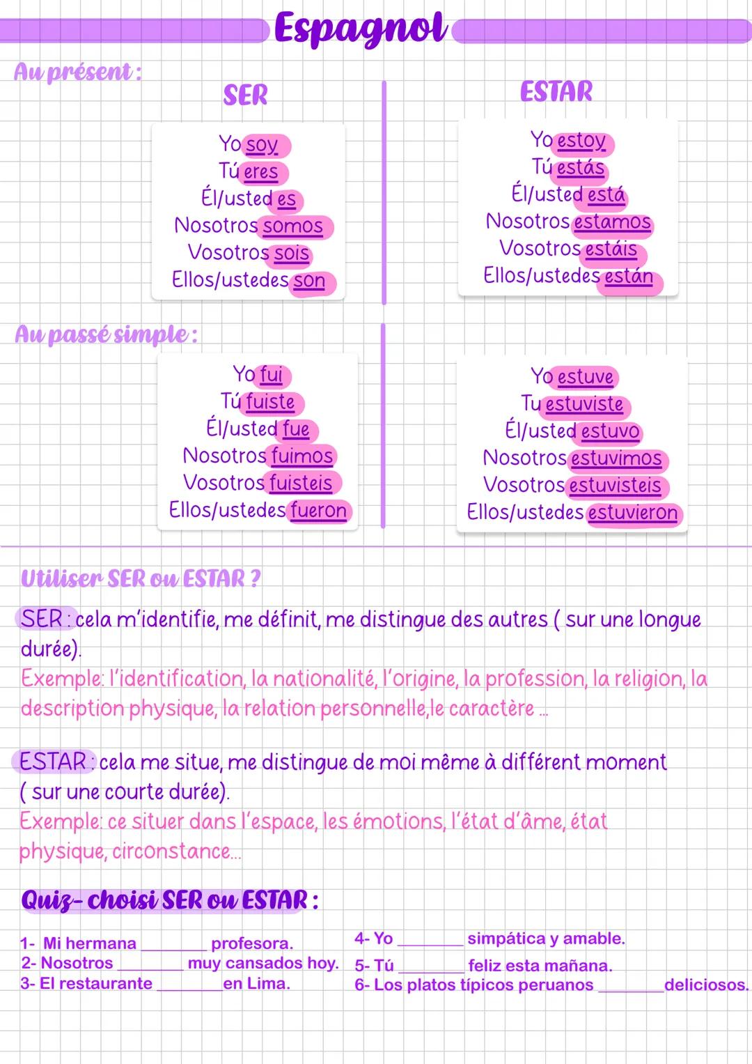 # Espagnol
Au présent:
SER
Yo soy
Tú eres
Él/usted es
Nosotros somos
Vosotros sois
Ellos/ustedes son
Au passé simple:
Yo fui
Tú fuiste