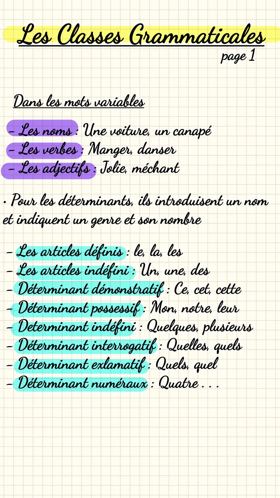 --- OCR Start ---
Les Classes Grammaticales
page 1
Dans les mots variables
Les noms: Une voiture, un canapé
Les verbes: Manger, danser
Les a