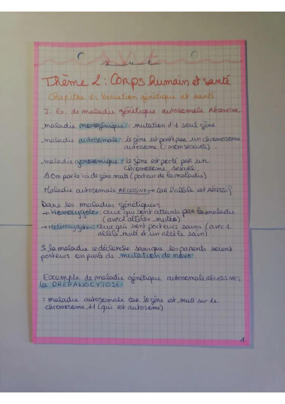 C
Thème 2: Corps humain et santé
Chapitre 1. Variation génétique et santé
I. Ex. de maladie génétique autosomale Récessive
maladie monogéniq
