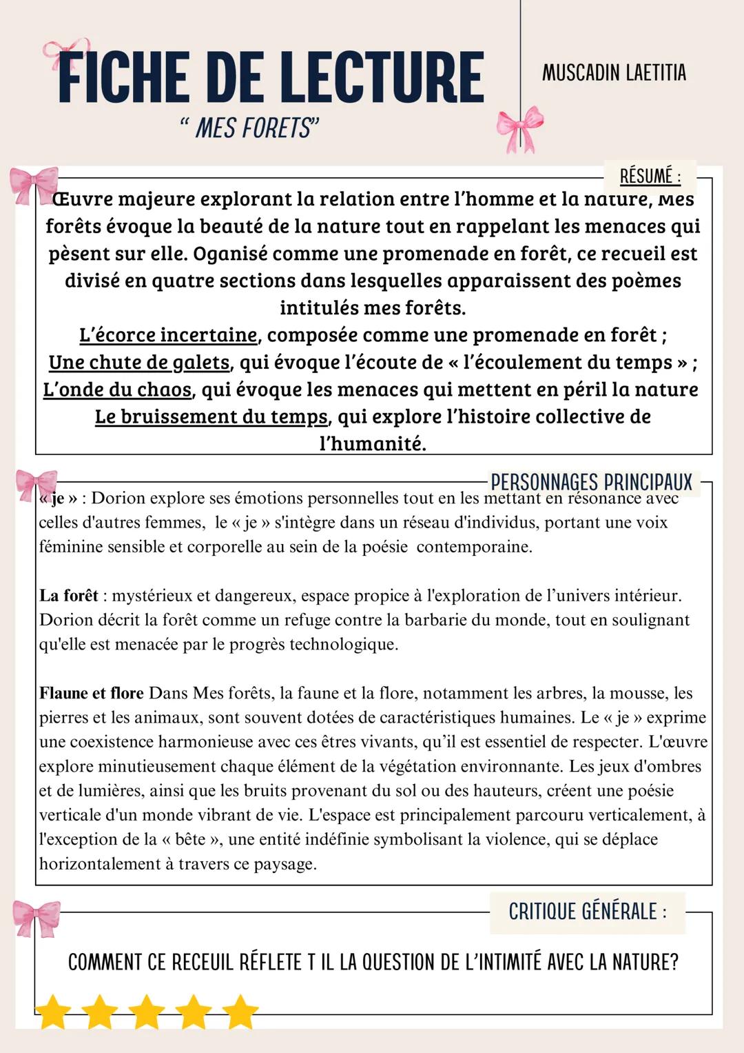--- OCR Start ---
FICHE DE LECTURE
MUSCADIN LAETITIA
TITRE:
Mes Forêts
DATE DE
2021
PARUTION:
GENRE & MOUVEMENT
LITTÉRAIRE
Poésie/Aucun
AUTE