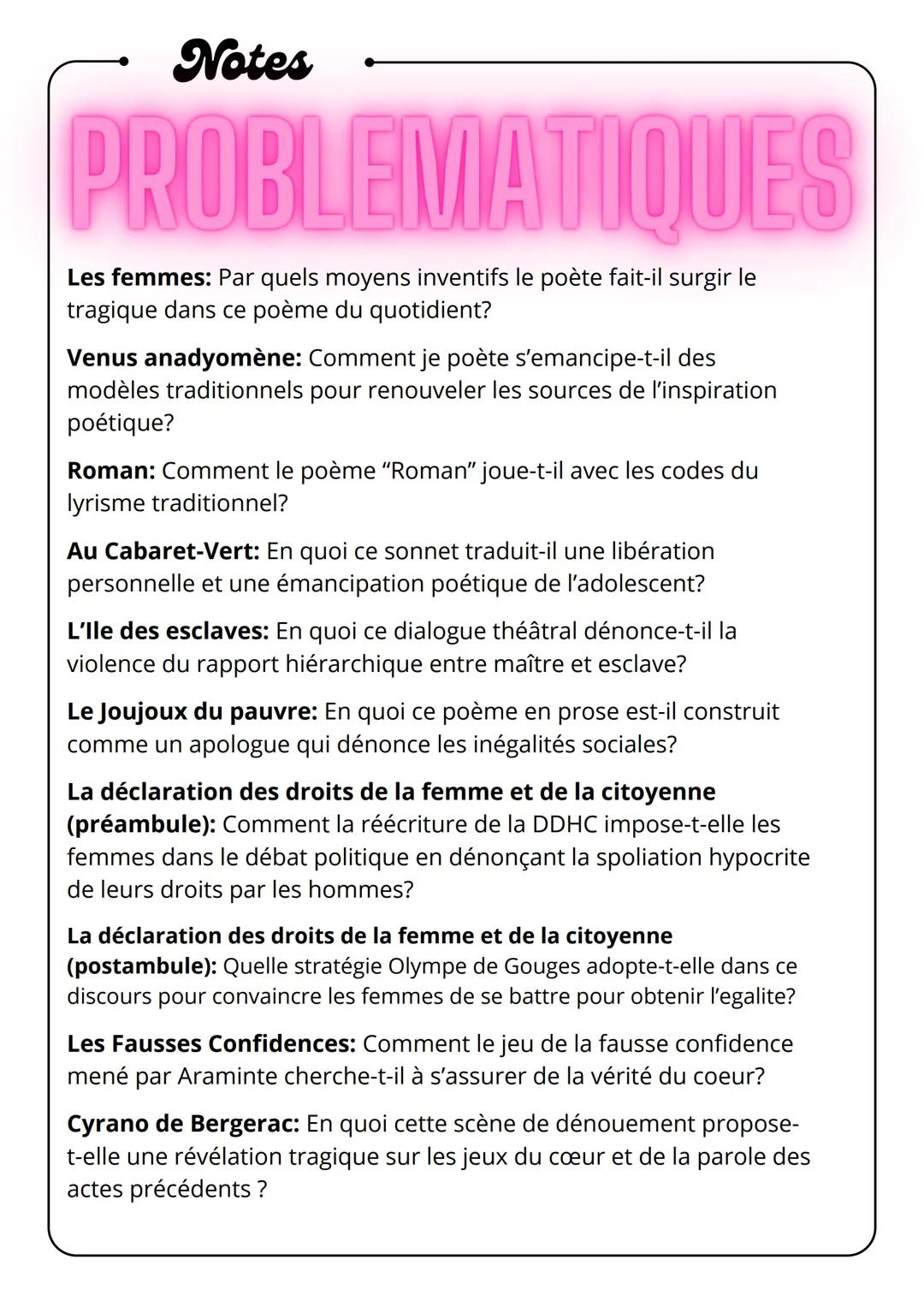 --- OCR Start ---
Notes
PROBLEMATIQUES
Les femmes: Par quels moyens inventifs le poète fait-il surgir le
tragique dans ce poème du quotidien