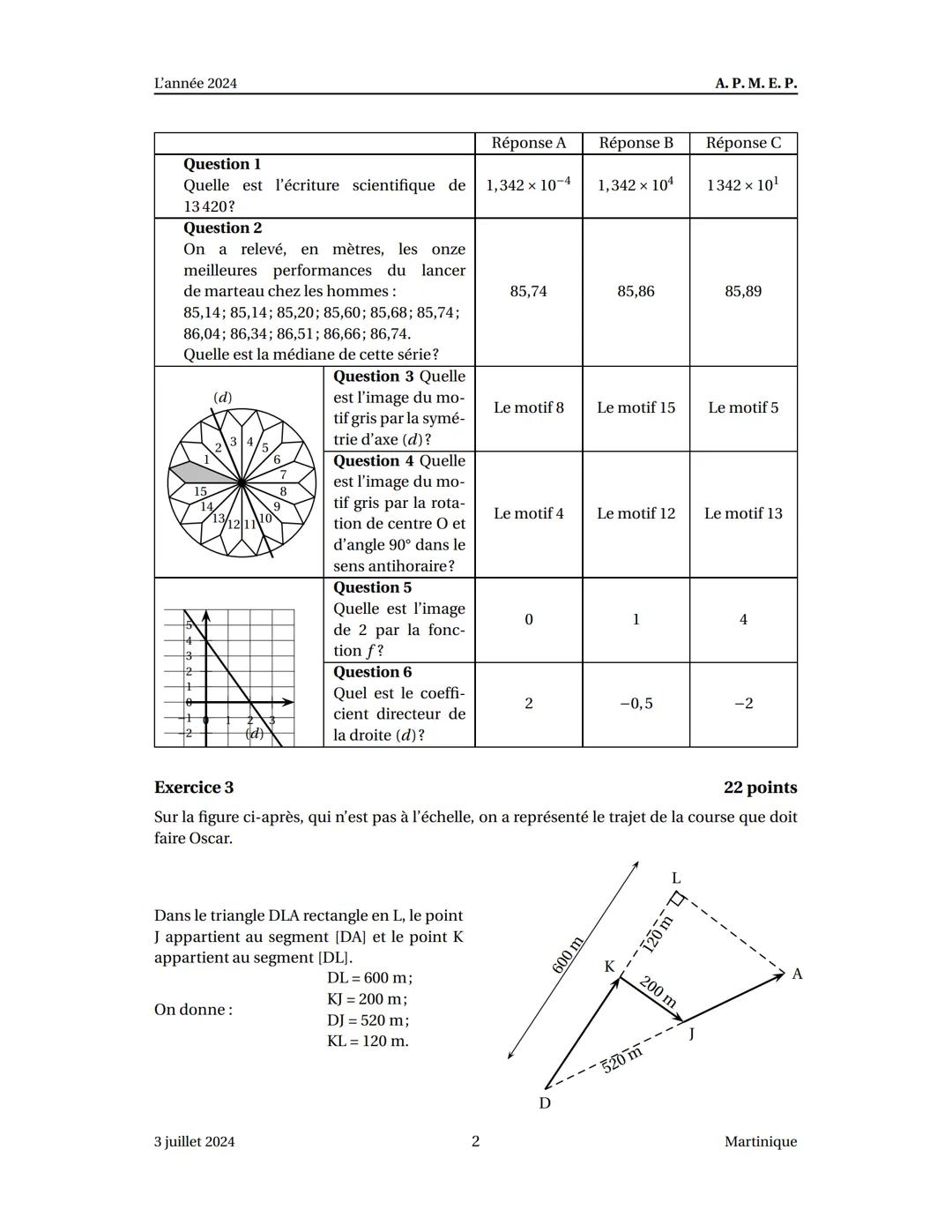 --- OCR Start ---
Brevet des collèges Martinique 3 juillet 2024
Indications portant sur l'ensemble du sujet.
Toutes les réponses doivent êtr