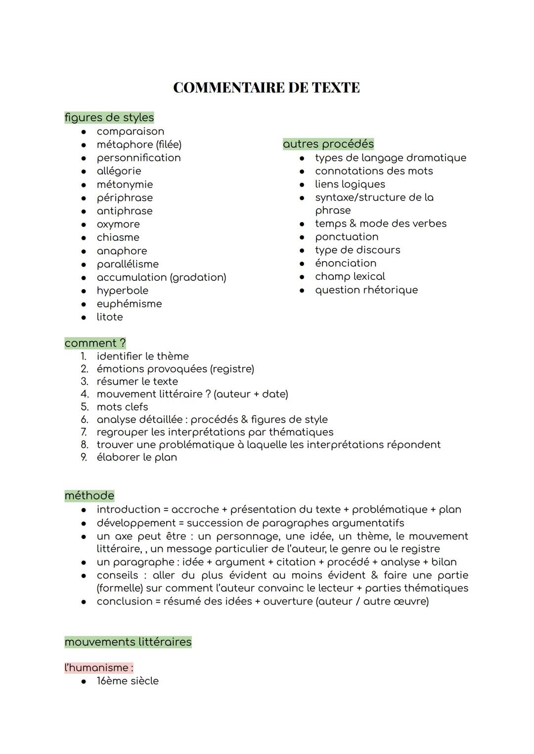 --- OCR Start ---
COMMENTAIRE DE TEXTE
figures de styles
comparaison
métaphore (filée)
personnification
allégorie
métonymie
périphrase
antip