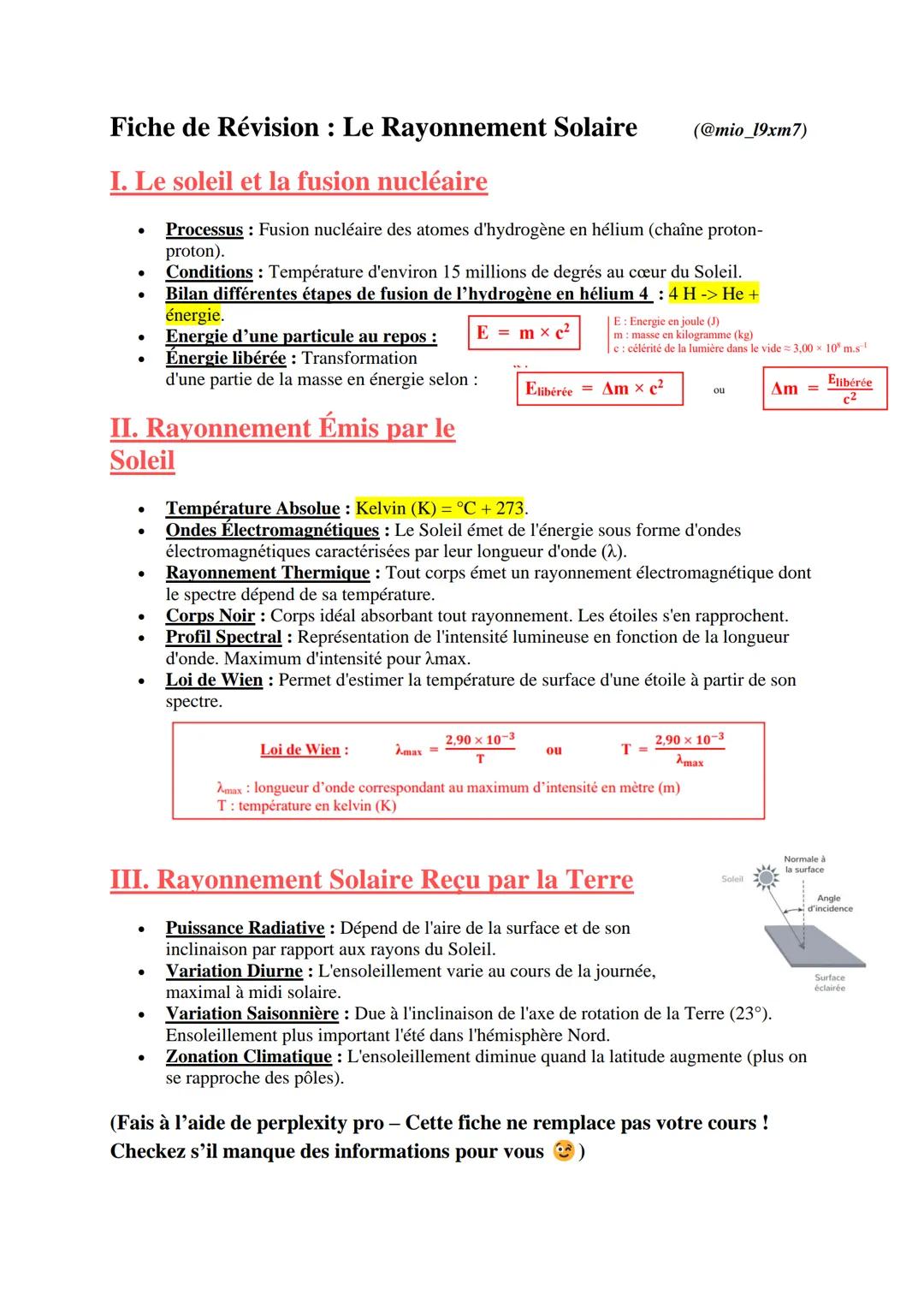 --- OCR Start ---
Fiche de Révision: Le Rayonnement Solaire
I. Le soleil et la fusion nucléaire
(@mio_19xm7)
Processus: Fusion nucléaire des