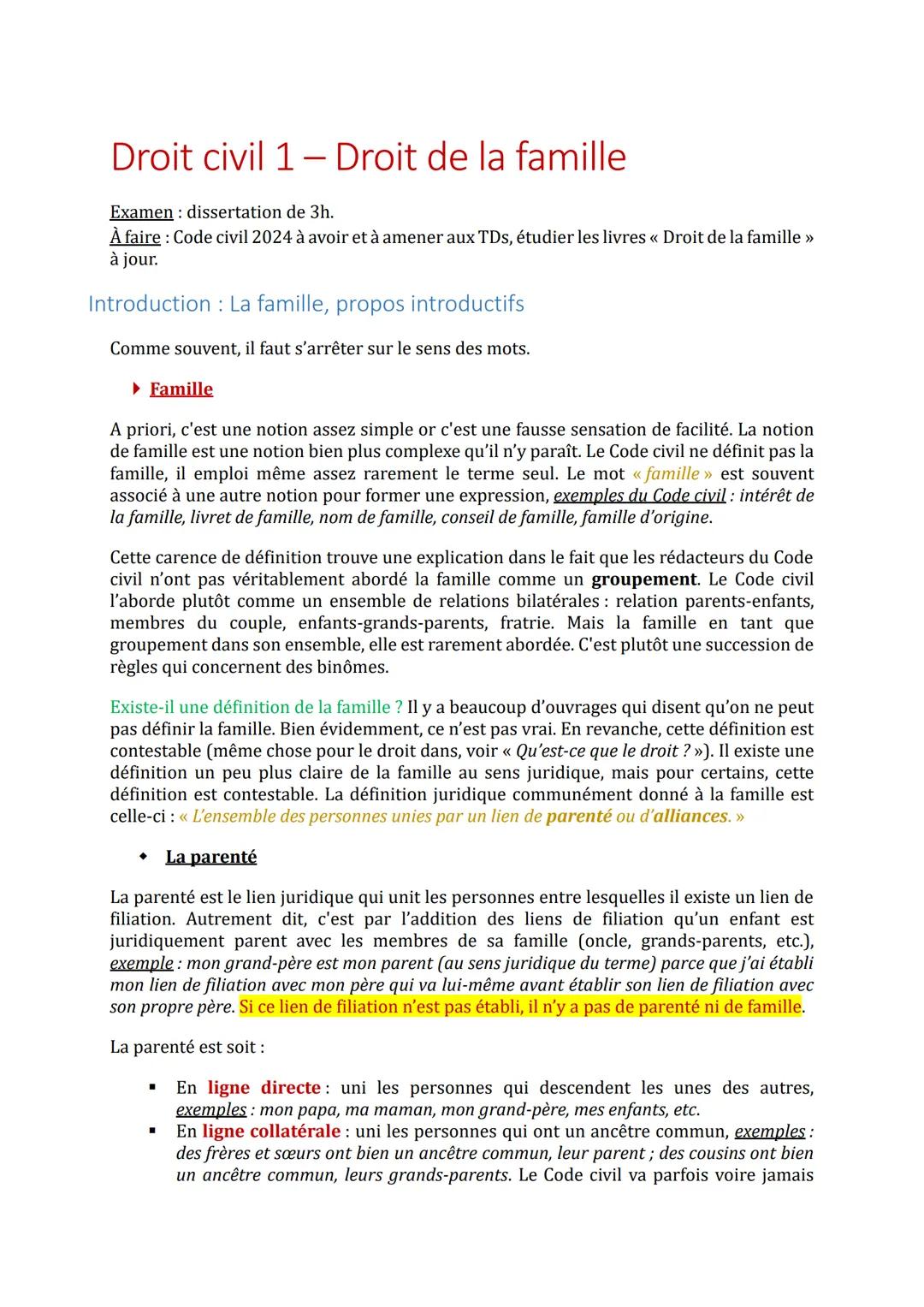 --- OCR Start ---
Droit civil 1 - Droit de la famille
Examen: dissertation de 3h.
À faire: Code civil 2024 à avoir et à amener aux TDs, étud