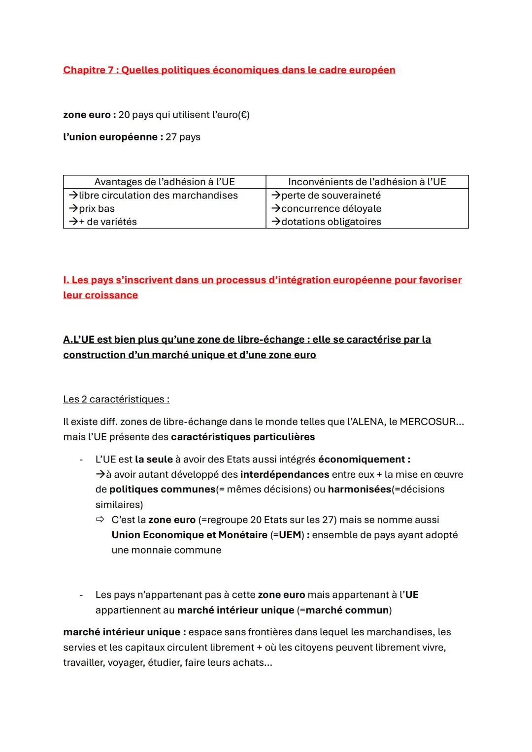 Chapitre 7: Quelles politiques économiques dans le cadre européen
zone euro: 20 pays qui utilisent l'euro (€)
l'union européenne : 27 pays