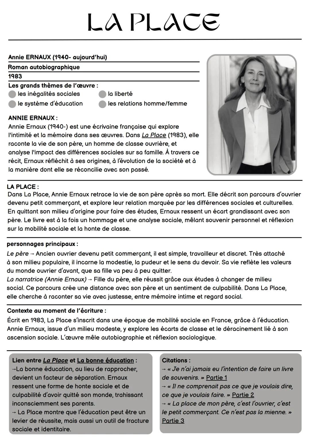 Fiche de lecture LA PLACE