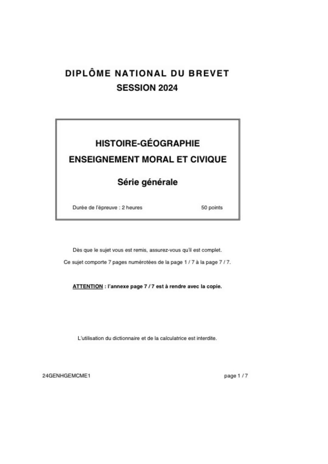 DIPLÔME NATIONAL DU BREVET
SESSION 2024
HISTOIRE-GÉOGRAPHIE
ENSEIGNEMENT MORAL ET CIVIQUE
Série générale
Durée de l'épreuve: 2 heures
50 poi
