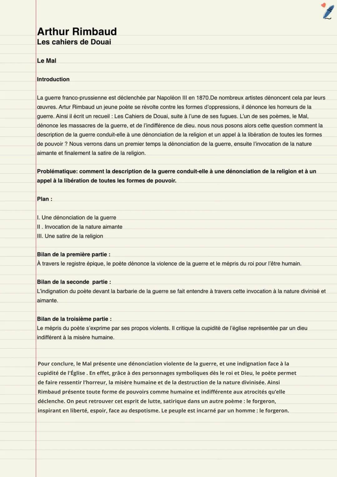 Analyse linéaire , Le mal , Arthur Rimbaud