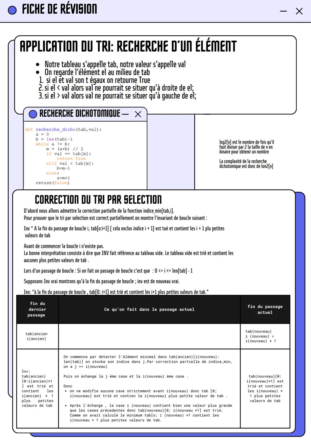 --- OCR Start ---
• FICHE DE RÉVISION
APPLICATION DU TRI: RECHERCHE D'UN ÉLÉMENT
• Notre tableau s'appelle tab, notre valeur s'appelle val
•