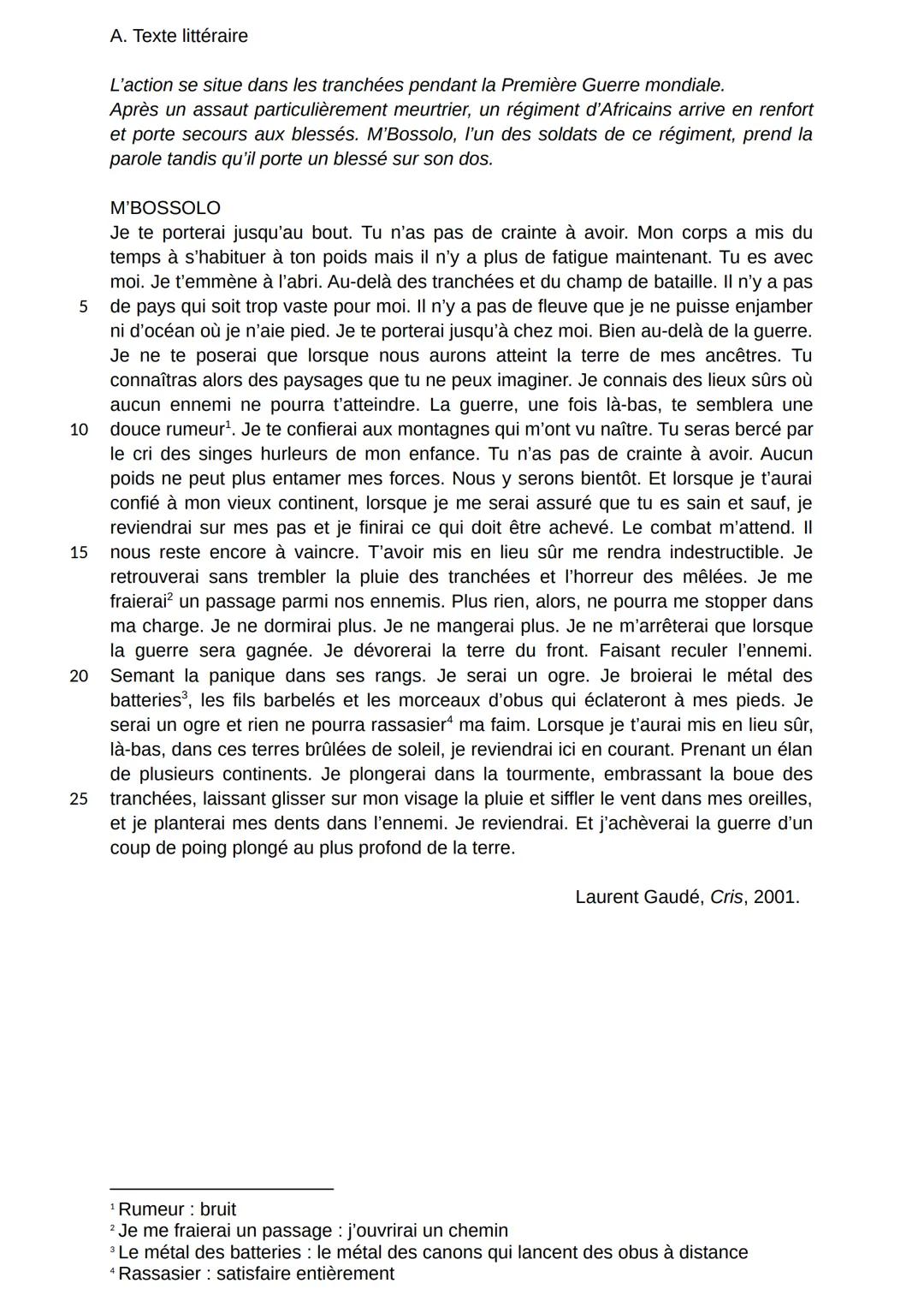 # A. Texte littéraire
L'action se situe dans les tranchées pendant la Première Guerre mondiale.
Après un assaut particulièrement meurtrier,