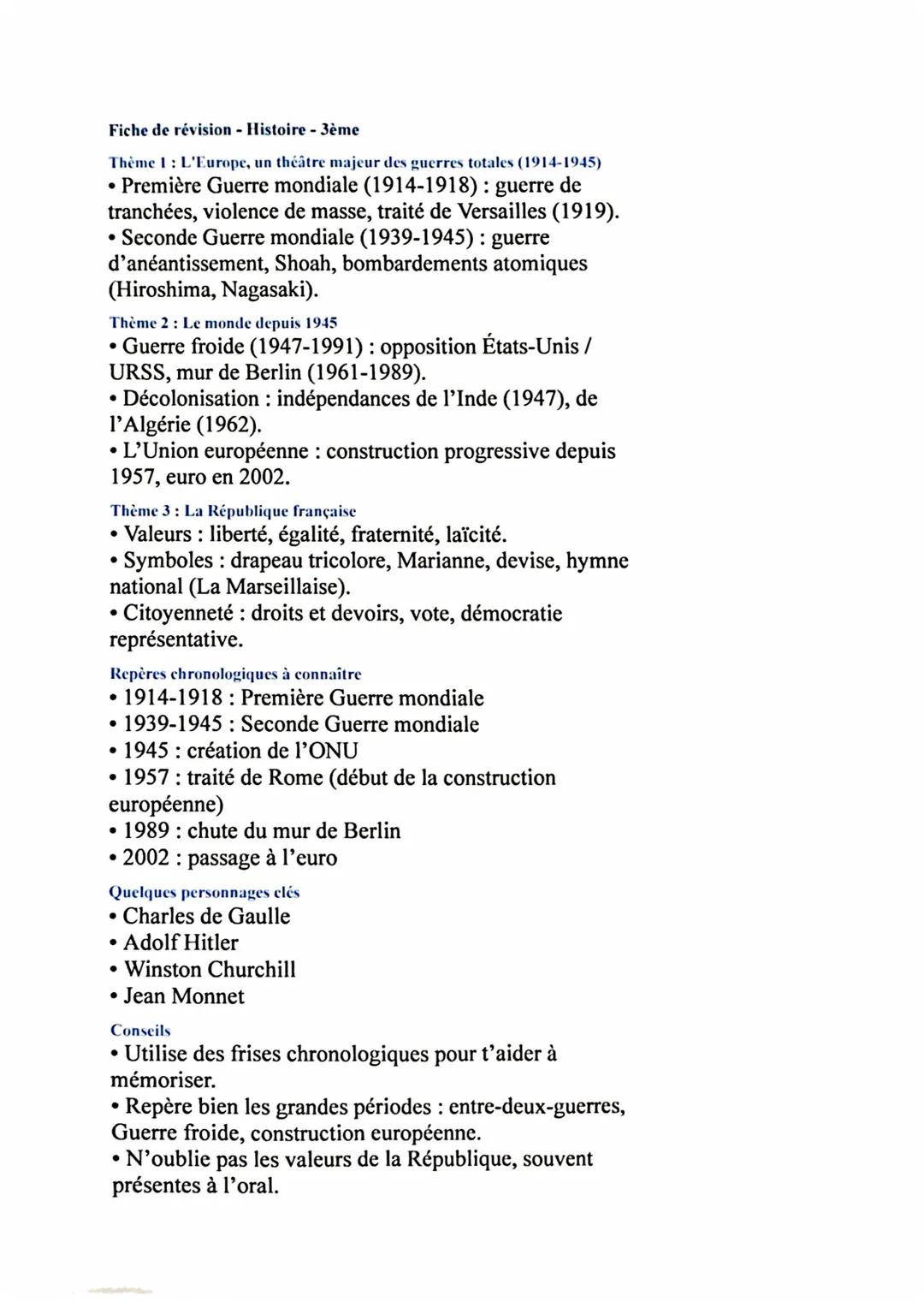 Fiche de révision histoire dnb