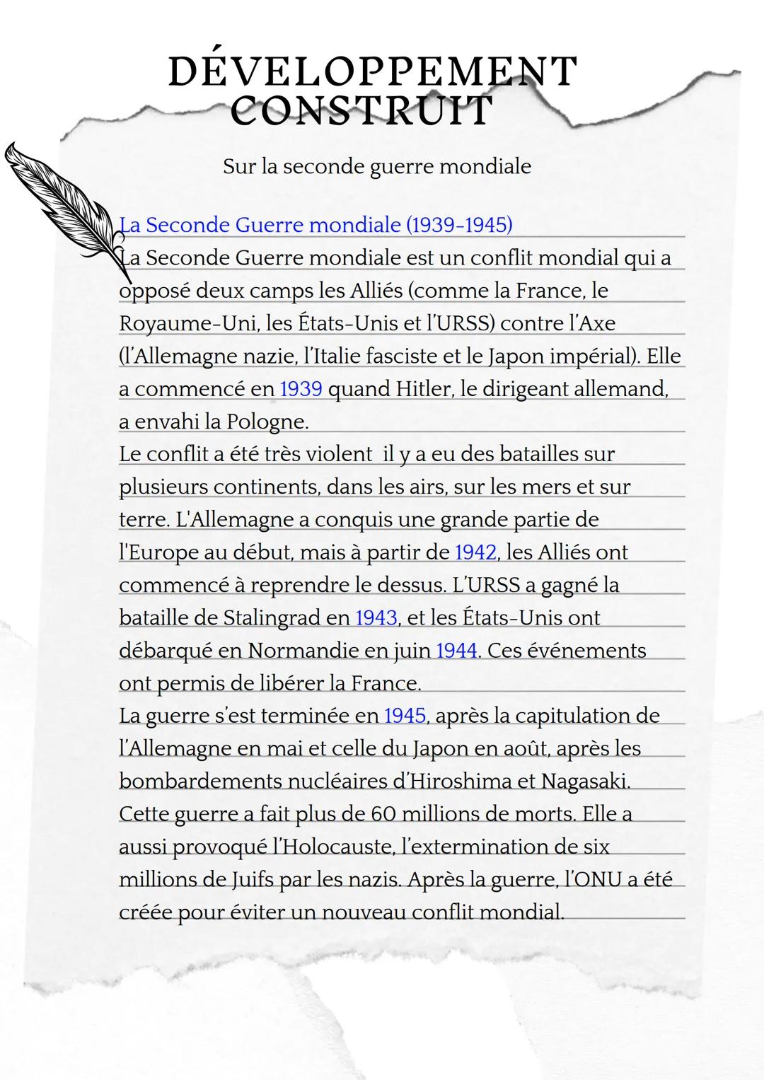 # DÉVELOPPEMENT
# CONSTRUIT
Sur la seconde guerre mondiale
La Seconde Guerre mondiale (1939-1945)
La Seconde Guerre mondiale est un conflit
