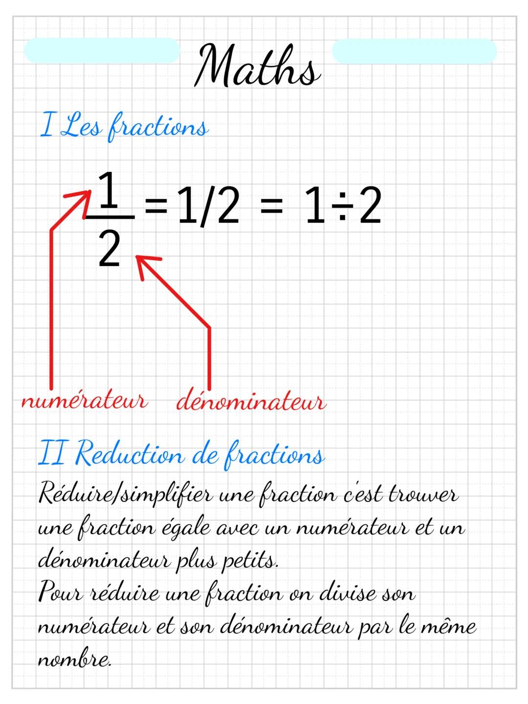 # Maths
I Les fractions
$ \frac{1}{2} = 1/2 = 1 \div 2 $
numérateur dénominateur
II Reduction de fractions
Réduire/simplifier une fract