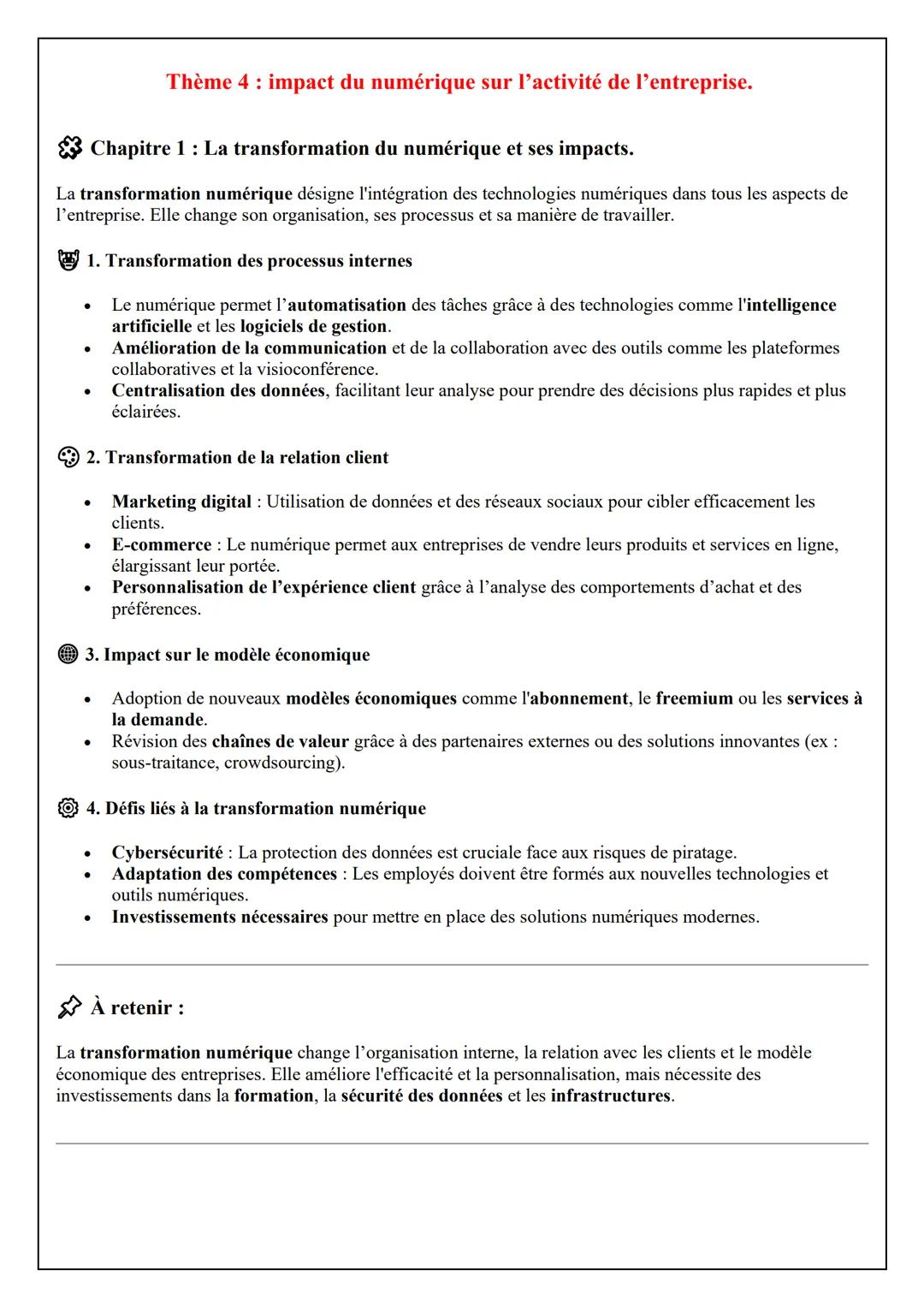 --- OCR Start ---
Thème 4: impact du numérique sur l'activité de l'entreprise.
☑ Chapitre 1: La transformation du numérique et ses impacts.