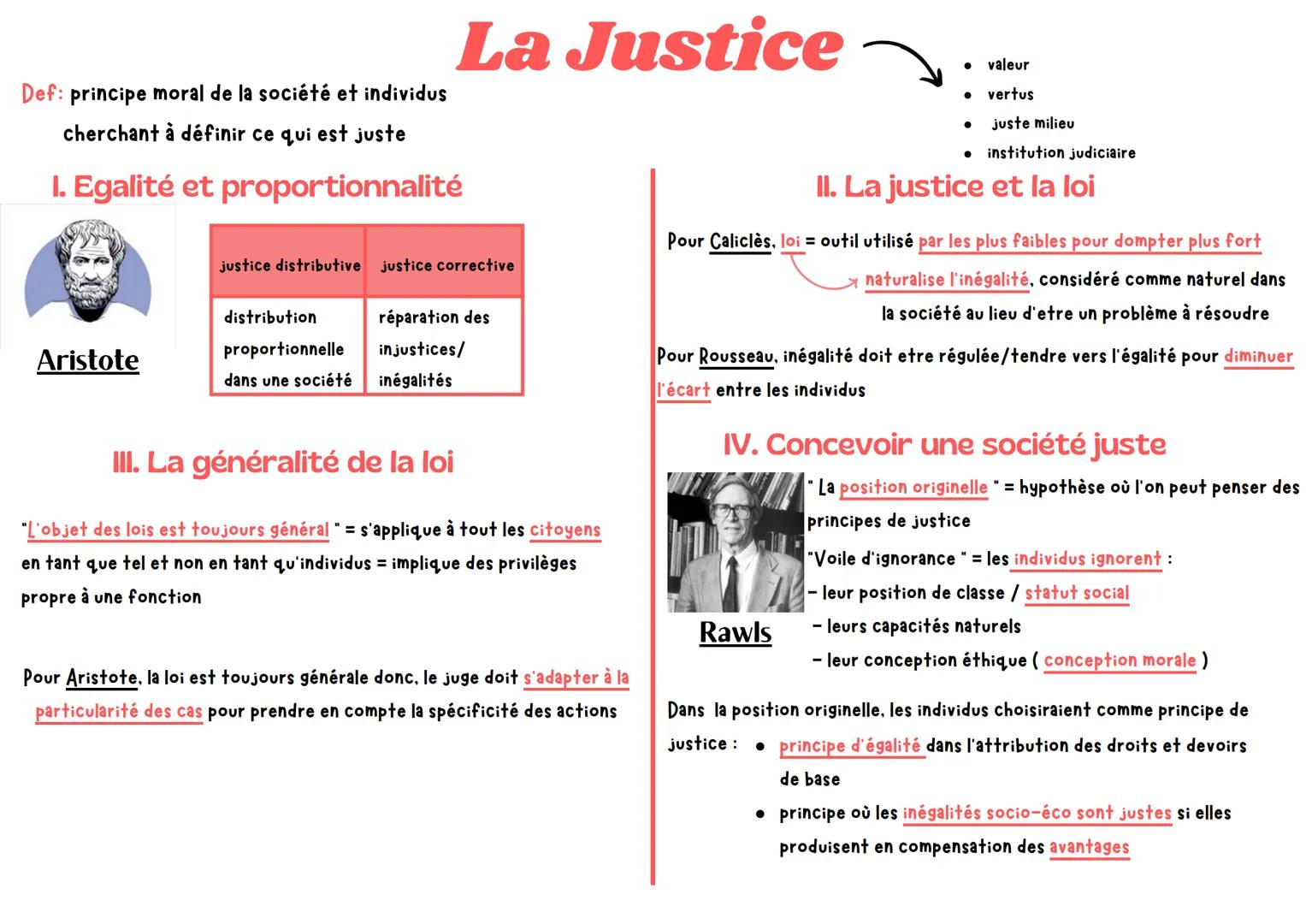 --- OCR Start ---
La Justice
Def: principe moral de la société et individus
cherchant à définir ce qui est juste
I. Egalité et proportionnal
