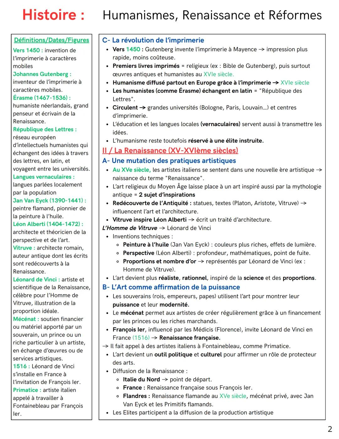 --- OCR Start ---
Histoire :
Définitions/Dates/Figures
Renaissance: renouveau
intellectuel et artistique en
Europe
Humanisme: mouvement
inte