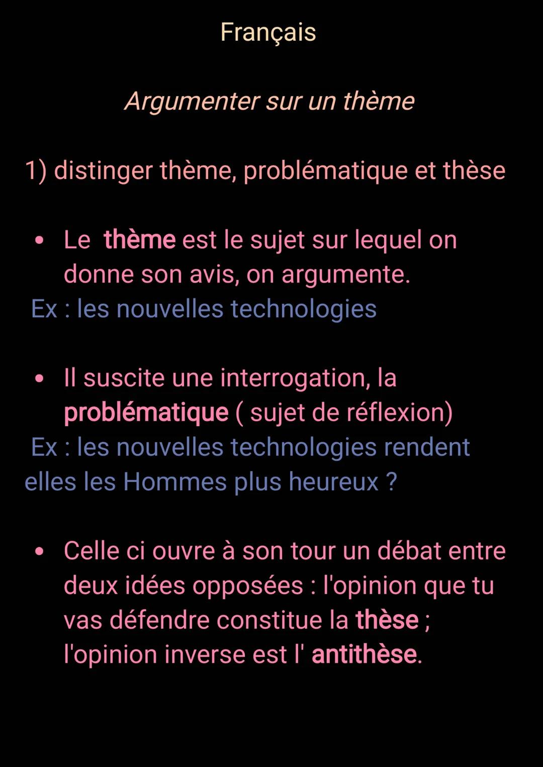 Français
Argumenter sur un thème
1) distinger thème, problématique et thèse
• Le thème est le sujet sur lequel on
donne son avis, on argu