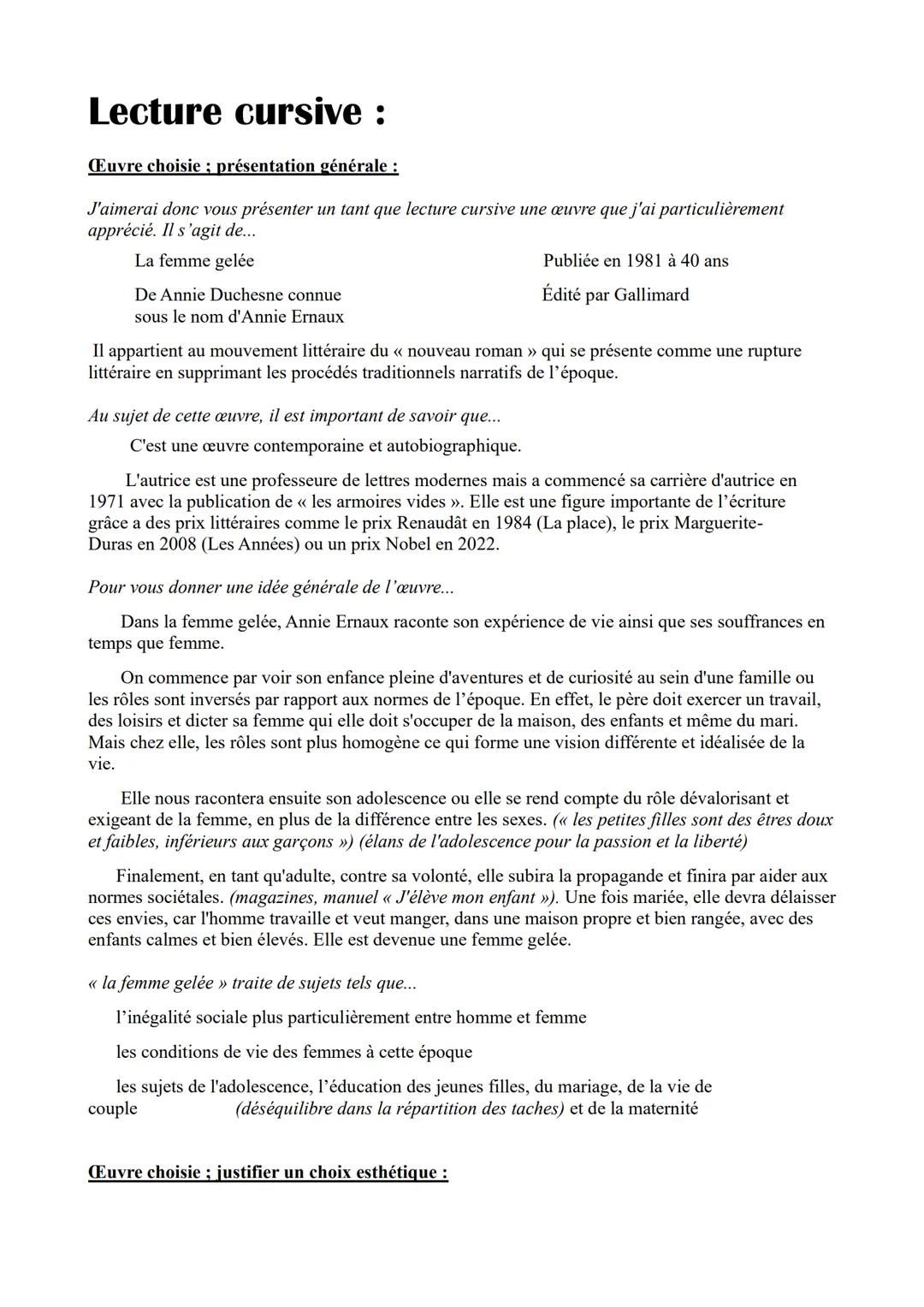 # Lecture cursive :
Œuvre choisie; présentation générale :
J'aimerai donc vous présenter un tant que lecture cursive une œuvre que j'ai pa