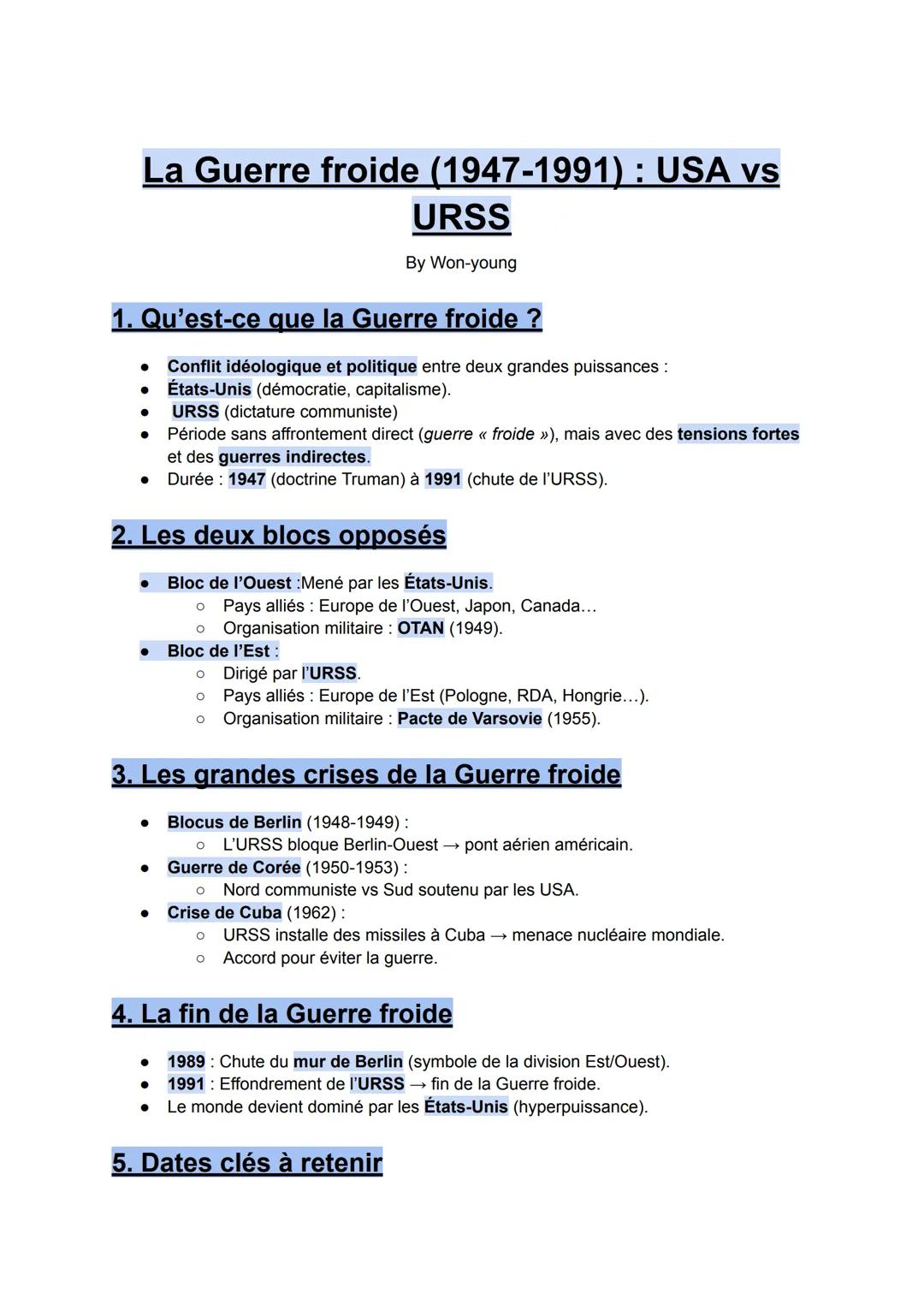 # La Guerre froide (1947-1991) : USA vs
URSS
By Won-young
1. Qu'est-ce que la Guerre froide ?
- Conflit idéologique et politique entre de