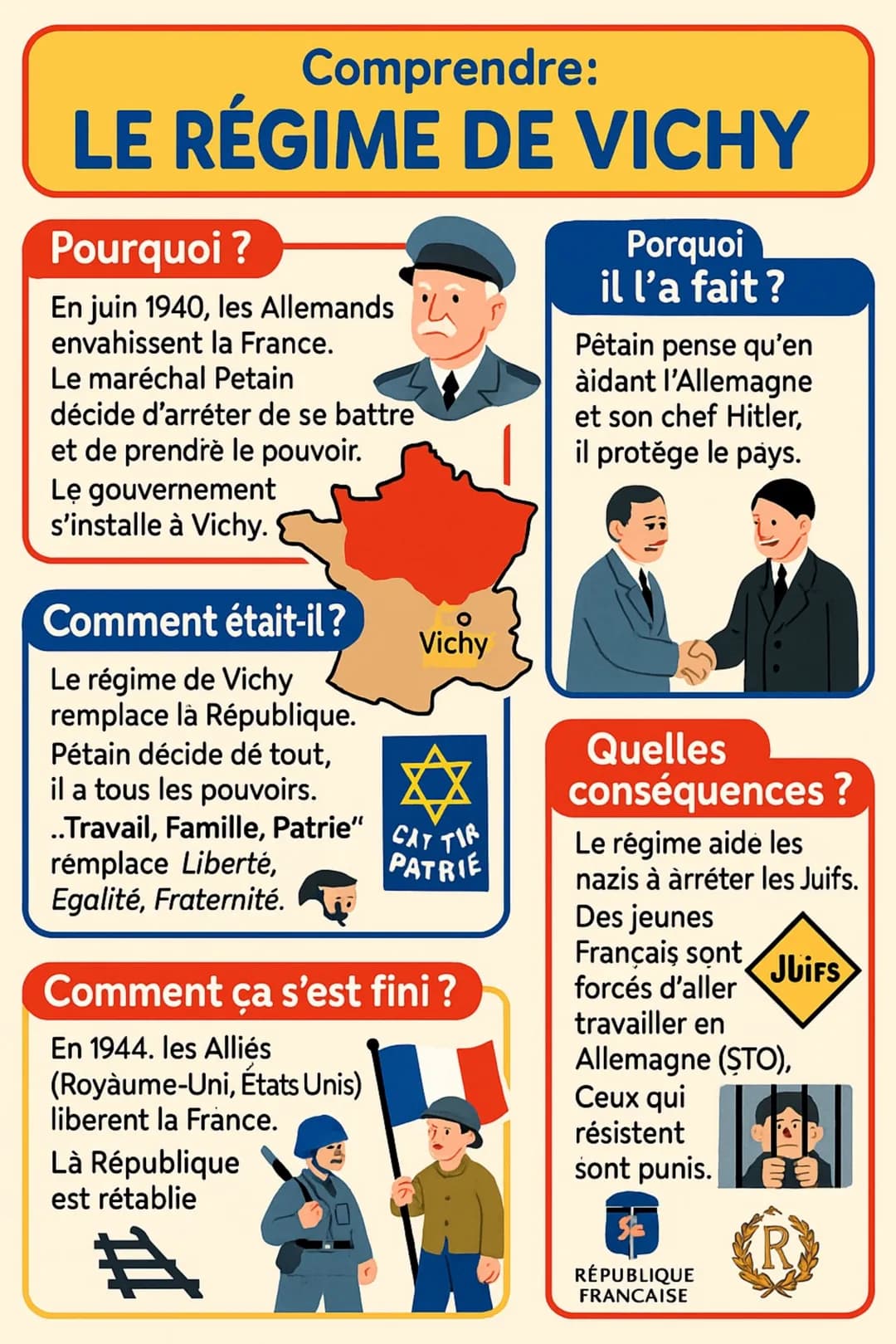 Comprendre:
# LE RÉGIME DE VICHY
## Pourquoi ?
En juin 1940, les Allemands
envahissent la France.
Le maréchal Petain
décide d'arréter de se