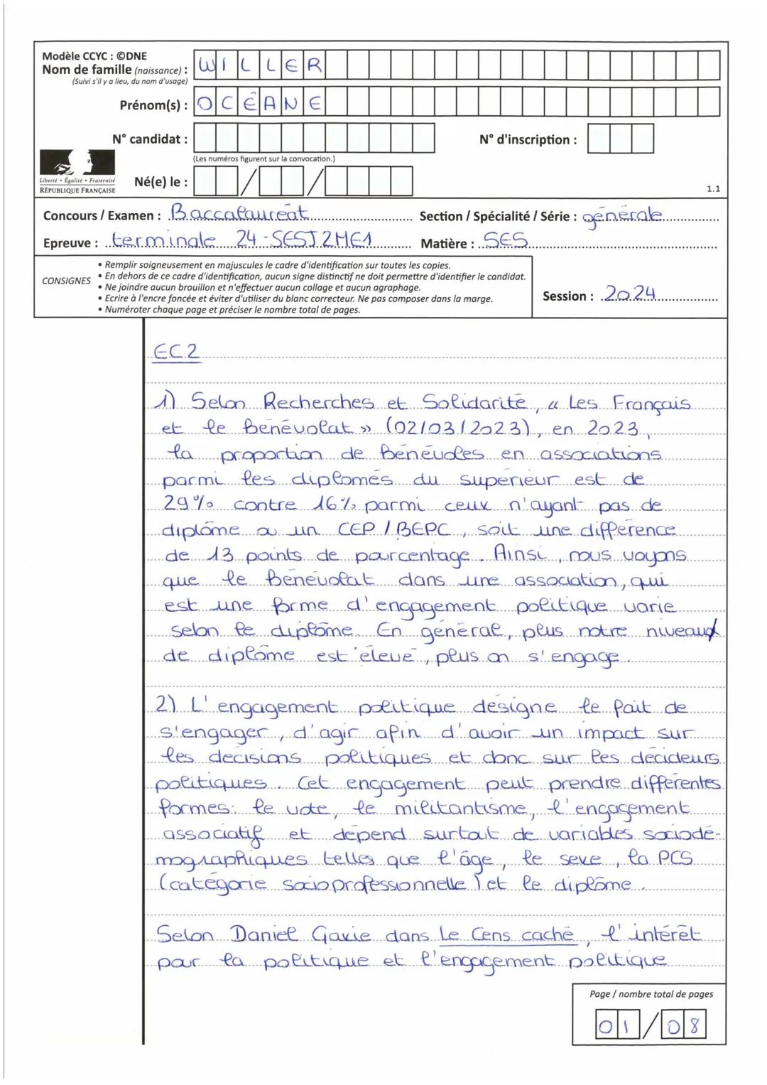 --- OCR Start ---
Série
Baccalauréat général
Session
2024
Epreuve
EDS - Sciences économiques et sociales
Sujet
24-SESJ2ME1
MINISTERE
DE L'ED