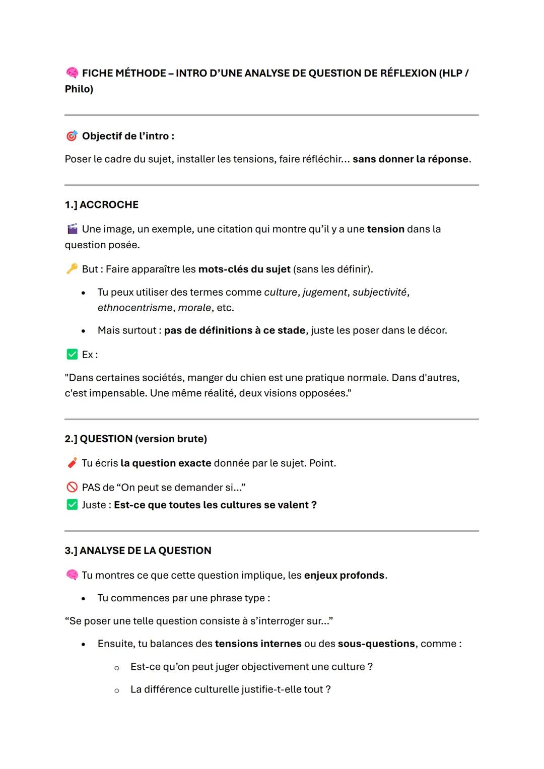 FICHE MÉTHODE - INTRO D'UNE ANALYSE DE QUESTION DE RÉFLEXION (HLP/
Philo)
Objectif de l'intro:
Poser le cadre du sujet, installer les tensio