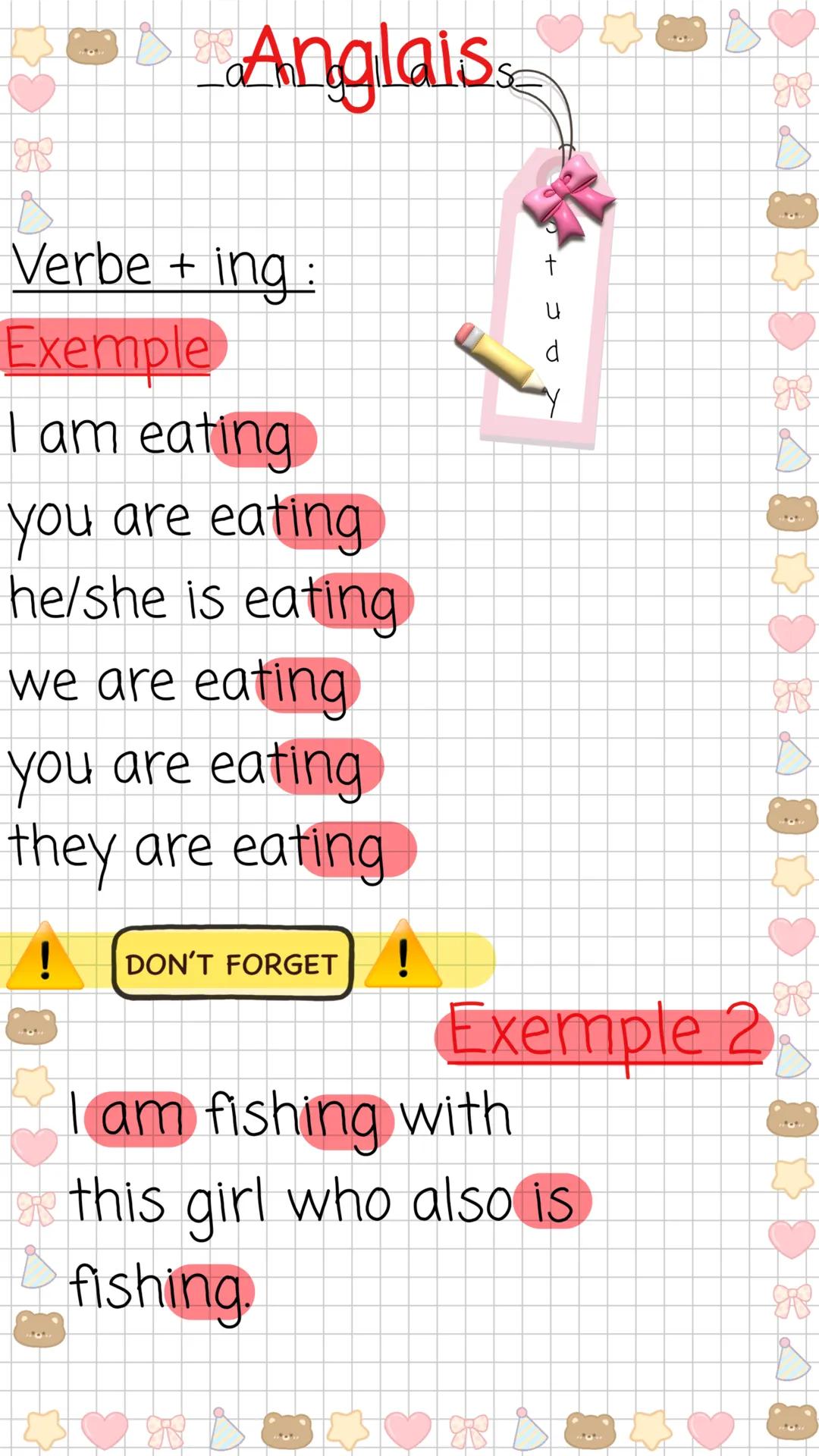 --- OCR Start ---
ud
Anglaiss
Verbe + ing :
Exemple
I am eating
you are eating
he/she is eating
we are eating
you are eating
they are eating