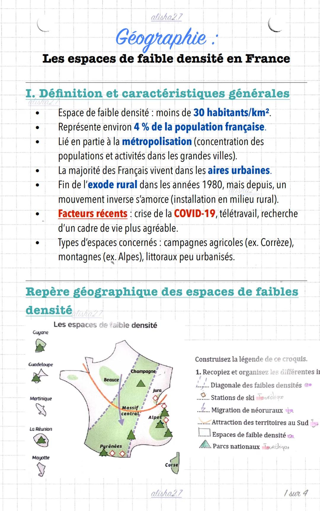 --- OCR Start ---
alisha 2.7
Géographie
Les espaces de faible densité en France
I. Définition et caractéristiques générales
Espace de faible