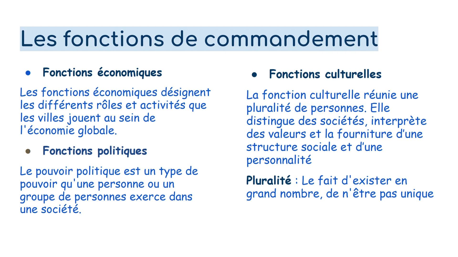 # Géographie
Les villes inégalement connectées au
réseau de la mondialisation Les fonctions de commandement
• Fonctions économiques
Les fon