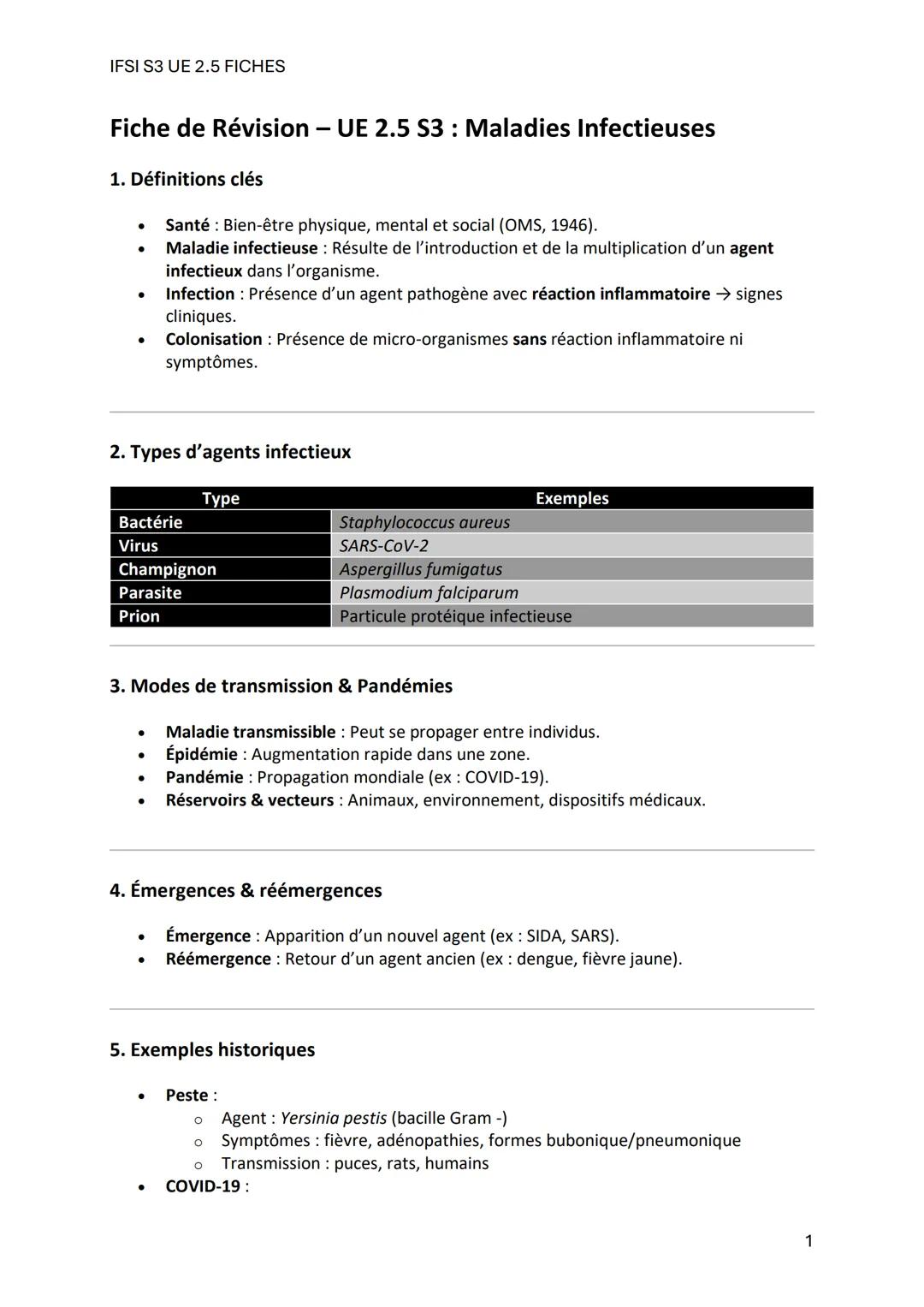 IFSI S3 UE 2.5 FICHES
Fiche de Révision - UE 2.5 S3: Maladies Infectieuses
1. Définitions clés
- Santé: Bien-être physique, mental et social
