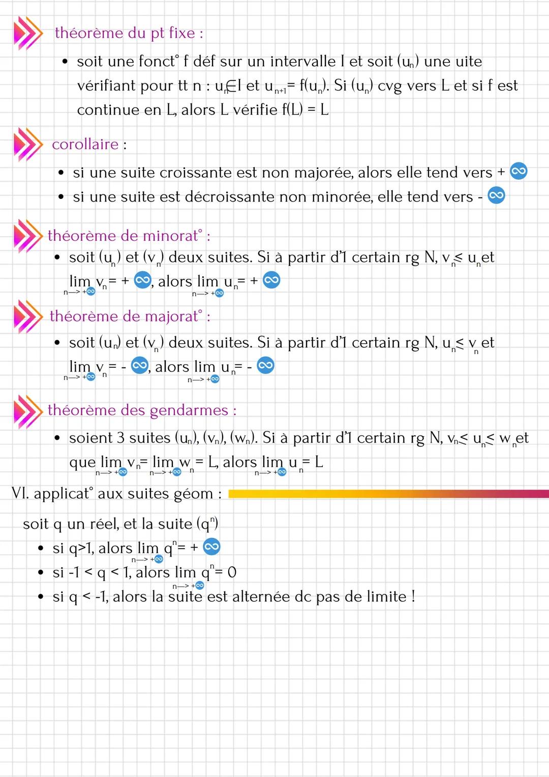 Limite de suites
I. Limite finie ou infinie:
M
L+1
L
L-1
m
k
Tous les termes de la suites sont majorés
par M. Pareil, tous les termes de la