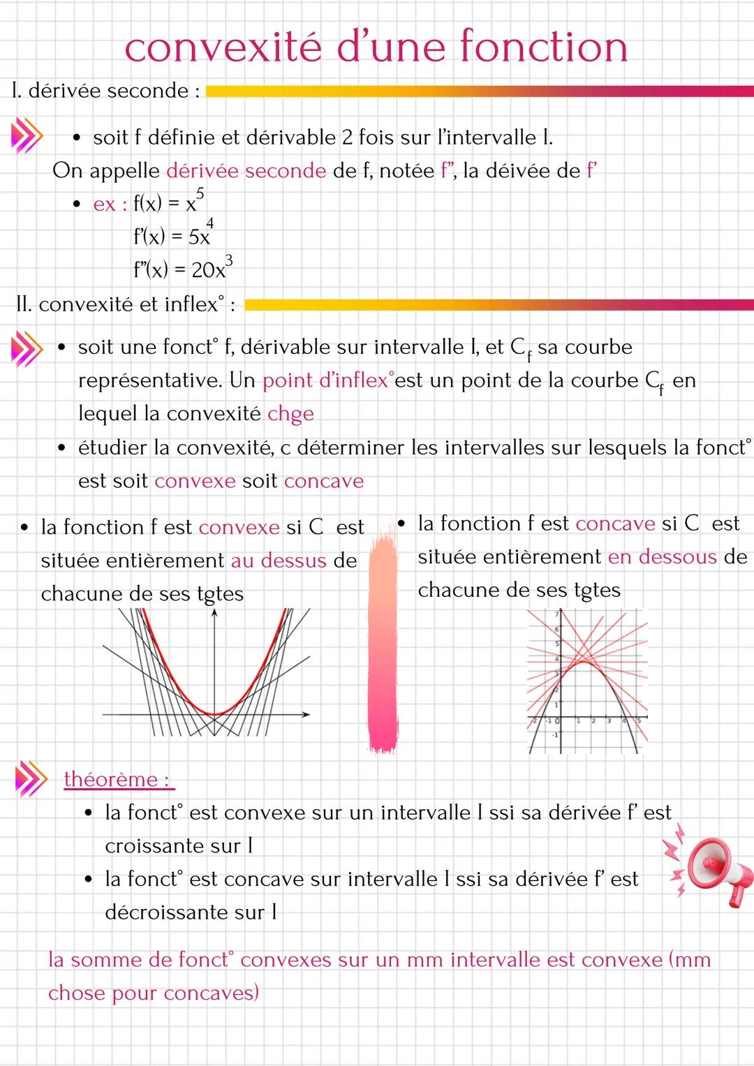 convexité d'une fonction
I. dérivée seconde :
• soit f définie et dérivable 2 fois sur l'intervalle I.
On appelle dérivée seconde de f, noté
