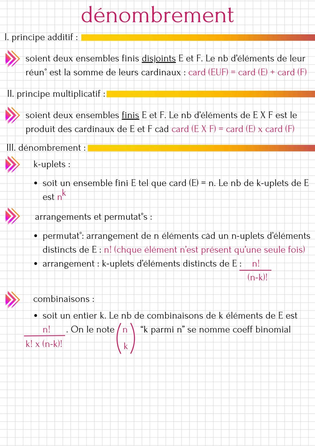 I. principe additif :
dénombrement
soient deux ensembles finis disjoints E et F. Le nb d'éléments de leur
réun' est la somme de leurs cardin