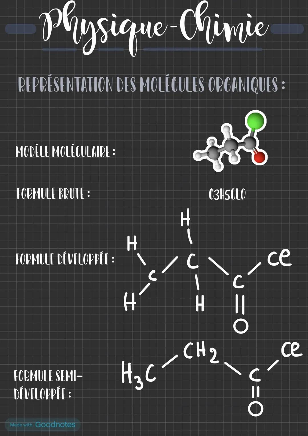 --- Physique-Chimie
REPRÉSENTATION DES MOLÉCULES ORGANIQUES :
MODÈLE MOLÉCULAIRE :
C3H5CLO
FORMULE BRUTE:
FORMULE DÉVELOPPÉE :
FORMULE SEMI-