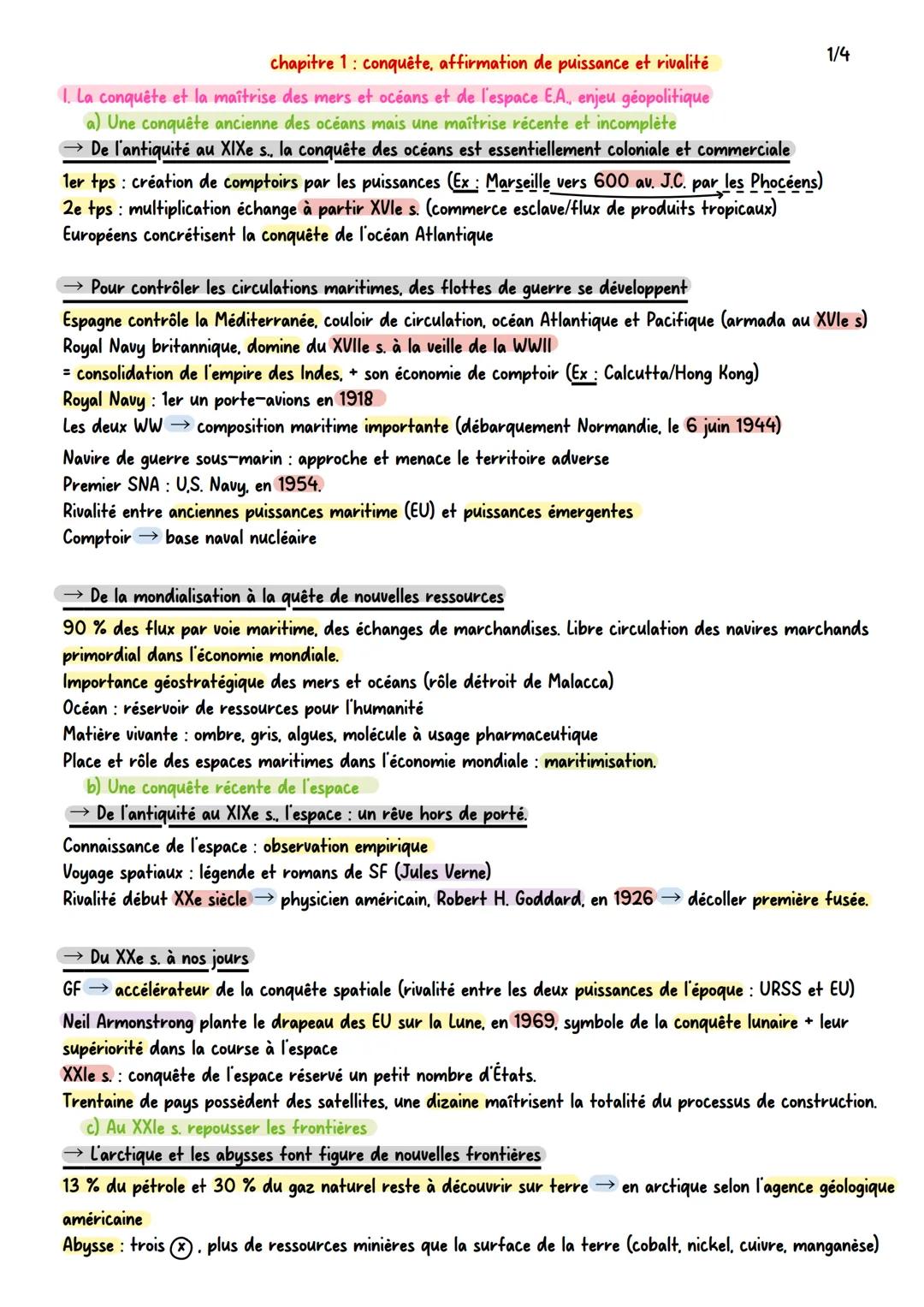 chapitre 1: conquête, affirmation de puissance et rivalité
1/4
1. La conquête et la maîtrise des mers et océans et de l'espace E.A., enjeu g