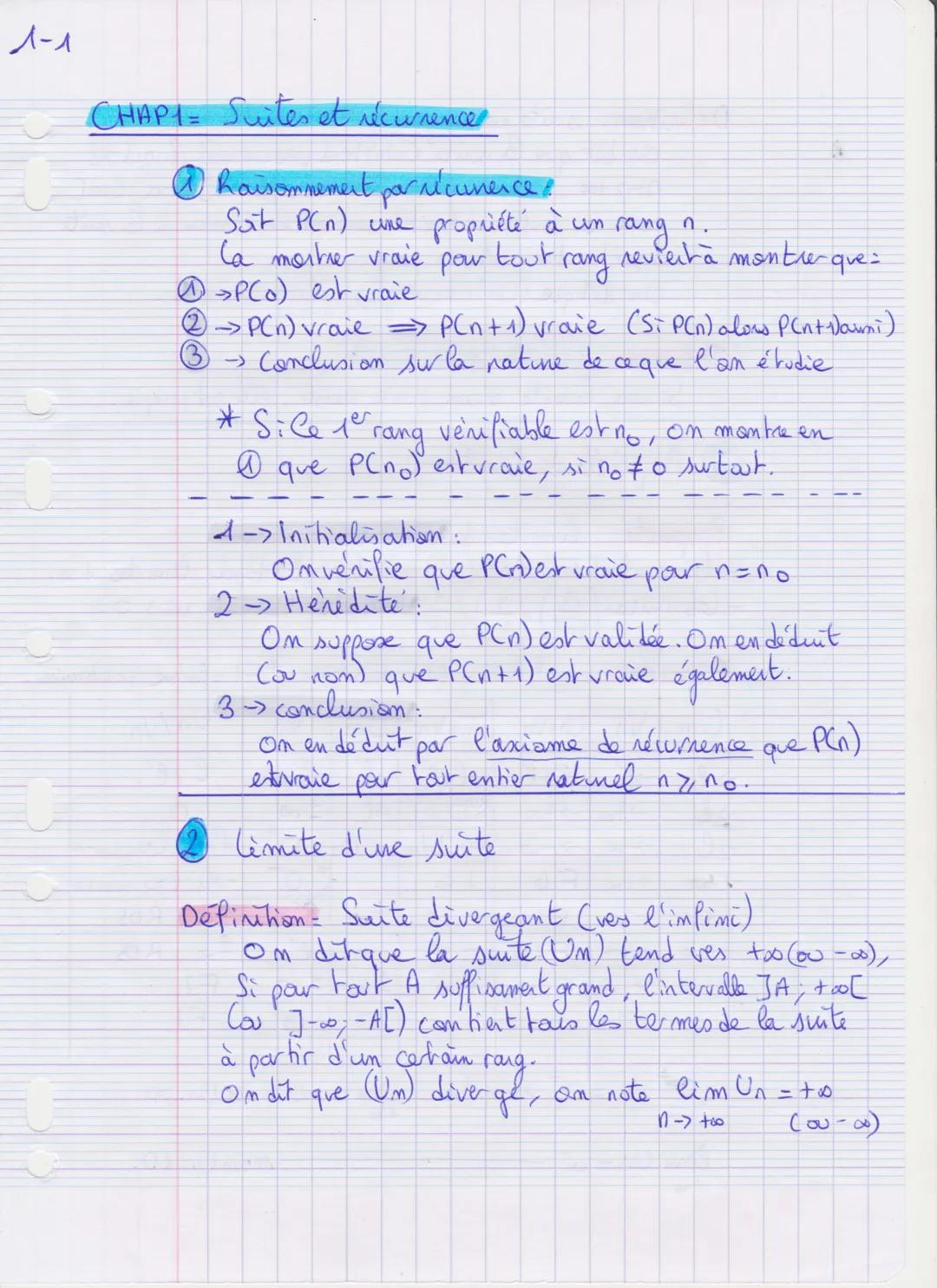 # CHAP1 : Suites et récurrence
1. Raisonnement par récurrence :
 Soit $P(n)$ une propriété à un rang $n$.
La montrer vraie pour tout rang r