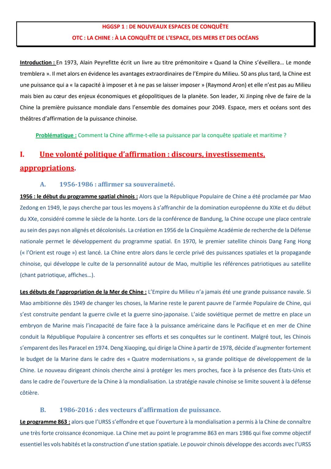 HGGSP 1: DE NOUVEAUX ESPACES DE CONQUÊTE
OTC: LA CHINE: À LA CONQUÊTE DE L'ESPACE, DES MERS ET DES OCÉANS
Introduction: En 1973, Alain Peyre