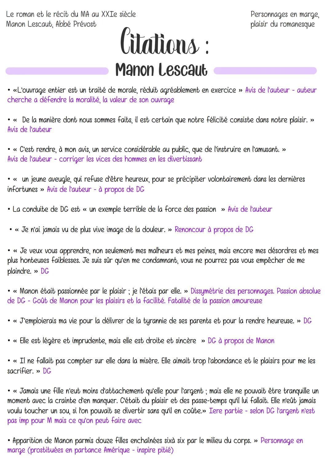 Citations Manon Lescaut, Abbé Prévost