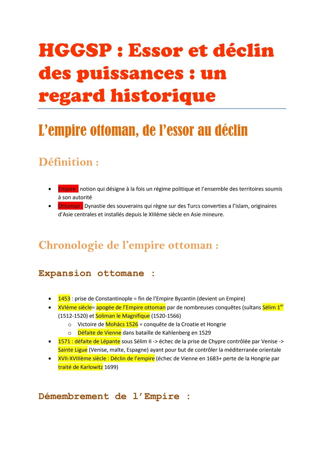 HGGSP: Essor et déclin
des puissances : un
regard historique
L'empire ottoman, de l'essor au déclin
Définition
- Empire notion qui désigne à