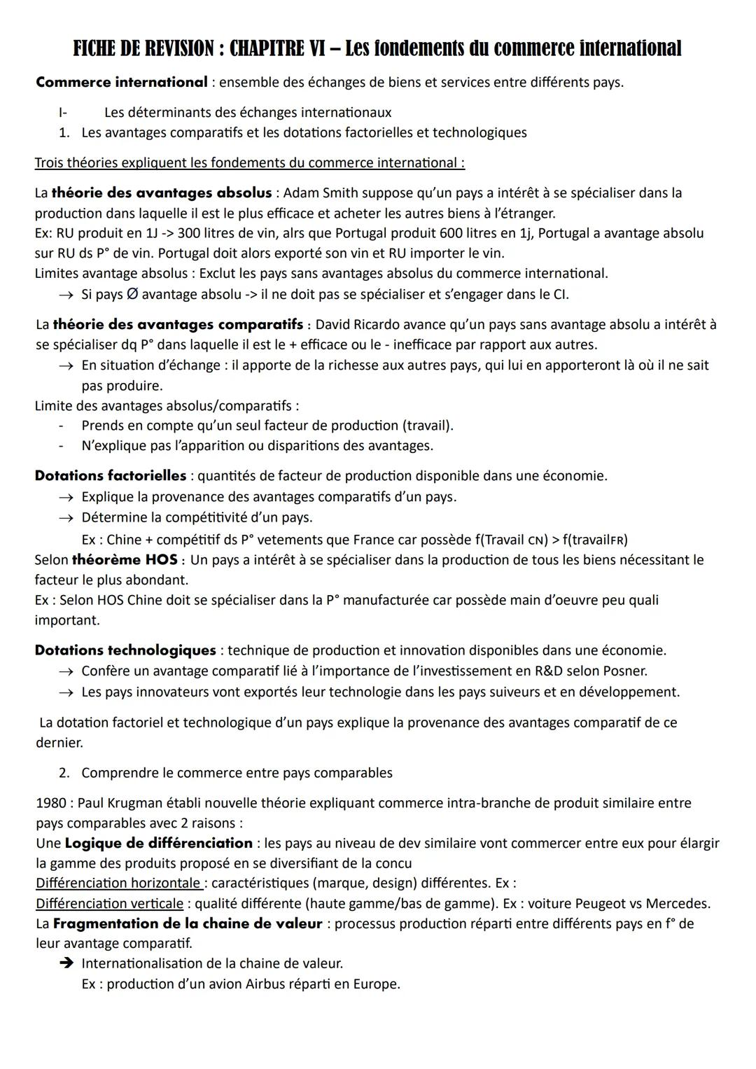 FICHE DE REVISION: CHAPITRE VI - Les fondements du commerce international
Commerce international: ensemble des échanges de biens et services