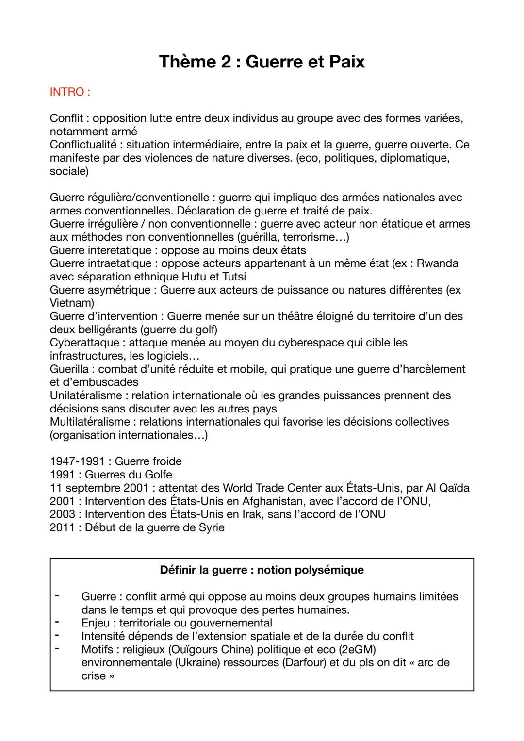 ## INTRO :
Thème 2 : Guerre et Paix
Conflit : opposition lutte entre deux individus au groupe avec des formes variées, notamment armé
Conf