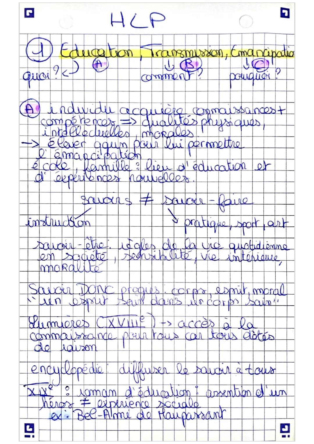 HCP
④ Education Transmission, Emancipatio
quoi? <A> comment? B pourquoi?
A individu acquière connaissances +
compétences => qualités physi